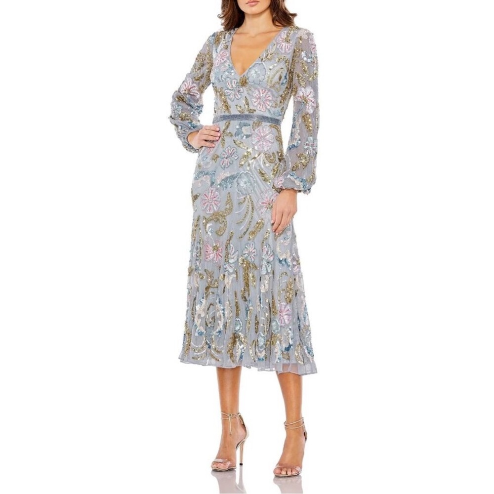 Mac Duggal Plum Long Cuff Sleeve V-Neck Beaded Embellished Floral Dress- Reemoly